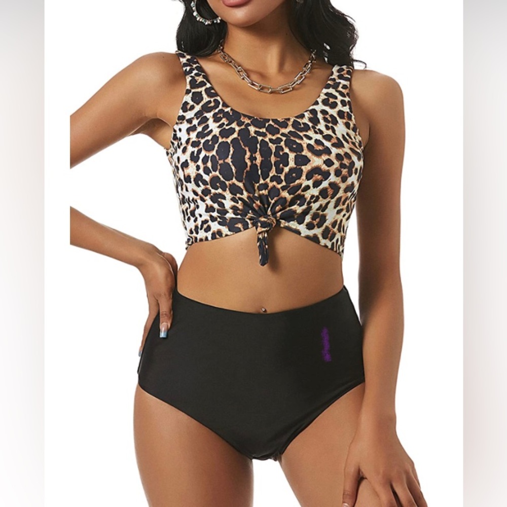 ZAFUL Women’s Leopard Print High Waisted Tankini Swimsuit 2 pc Scoop Neck  Sz M